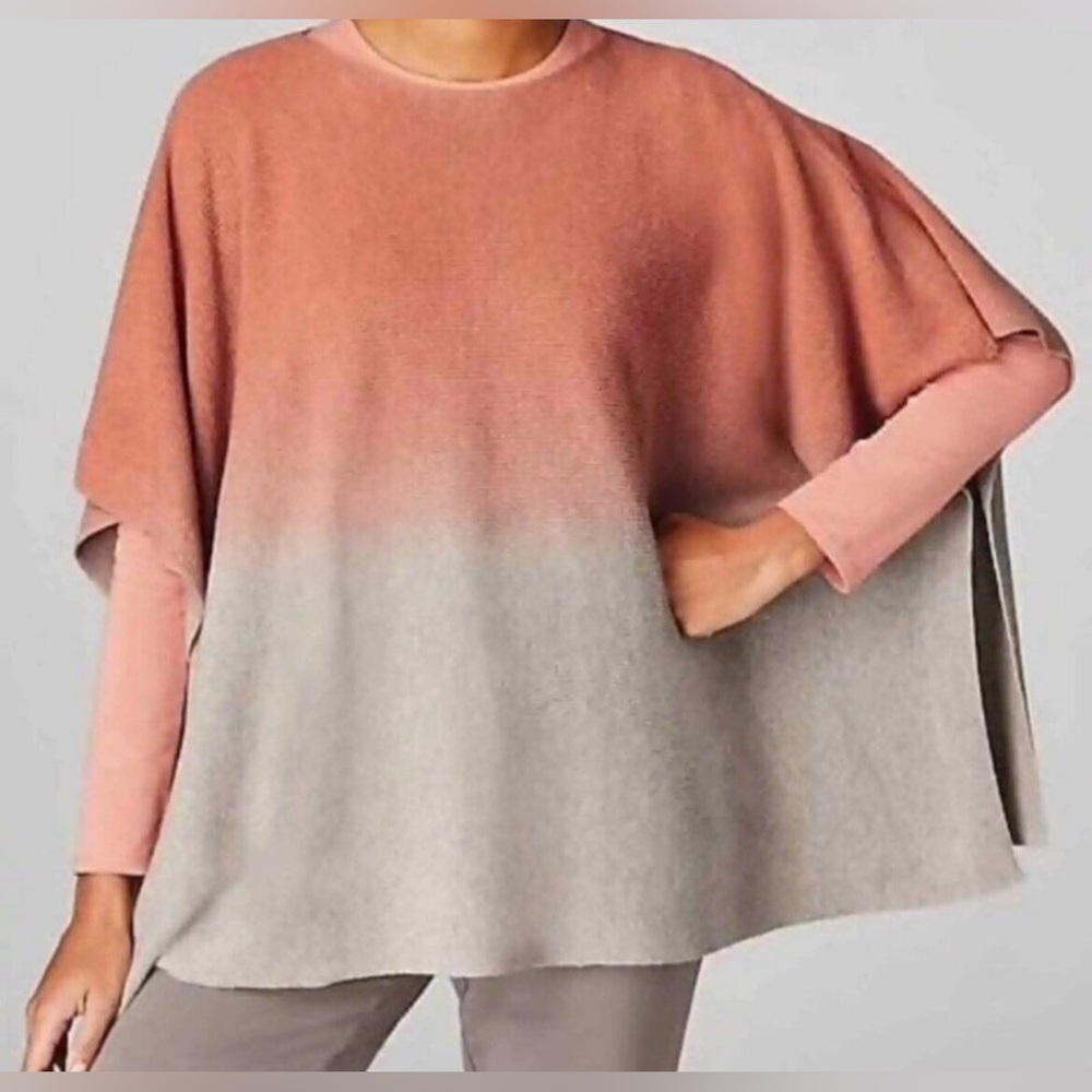 J Jill Womens Sweater O/S Coral Gray Ombre Dip Dye Knit Poncho Top Coastal EUC